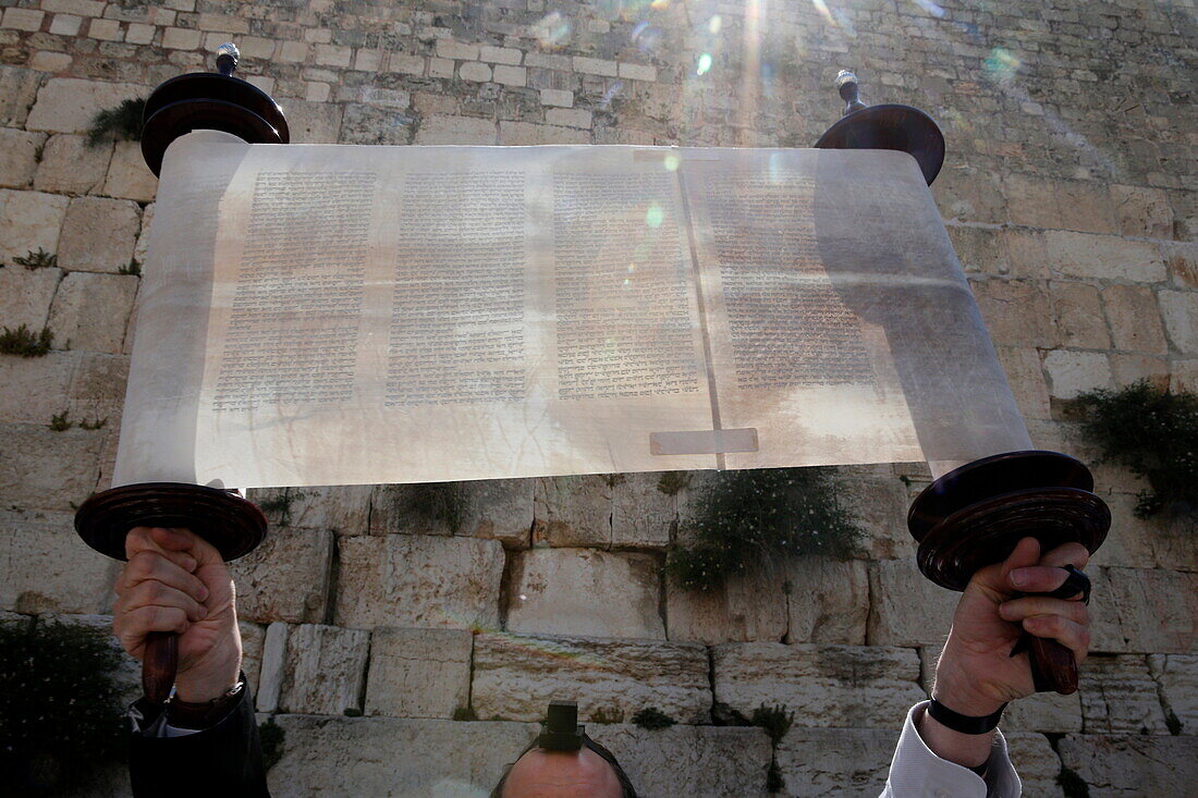 A ceremonial reading of the Torah from Torah scroll under the Western Wall, Jerusalem, Israel, Middle East