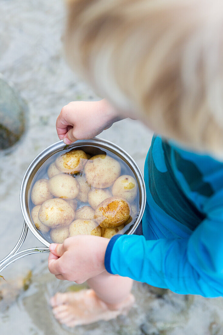 Junge (4 Jahre) trägt einen Topf mit Kartoffeln, Naesgaard, Falster, Dänemark