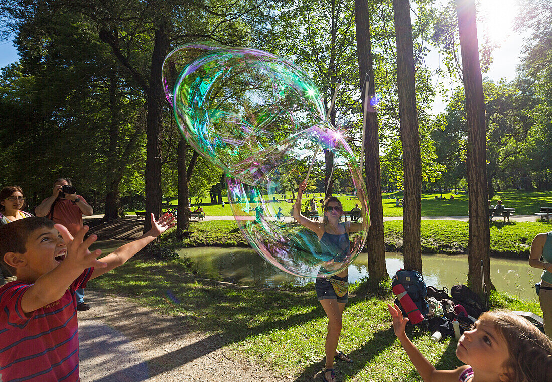 Bubbles in the English Gardens, Munich, Upper Bavaria, Bavaria, Germany