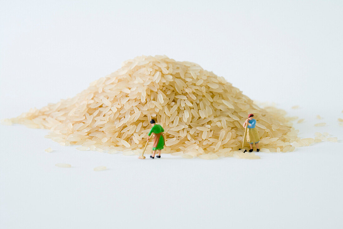 Miniature women sweeping large pile of rice