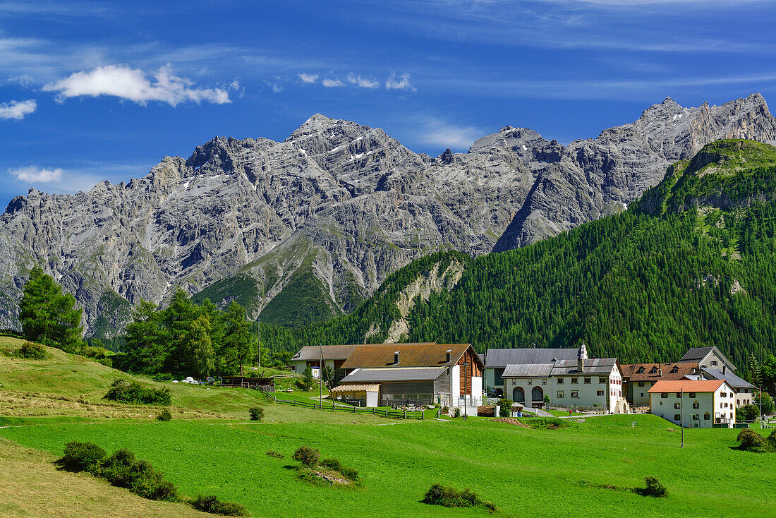 Blick auf Bos-cha mit Sesvennagruppe, Unterengadin, Engadin, Kanton Graubünden, Schweiz