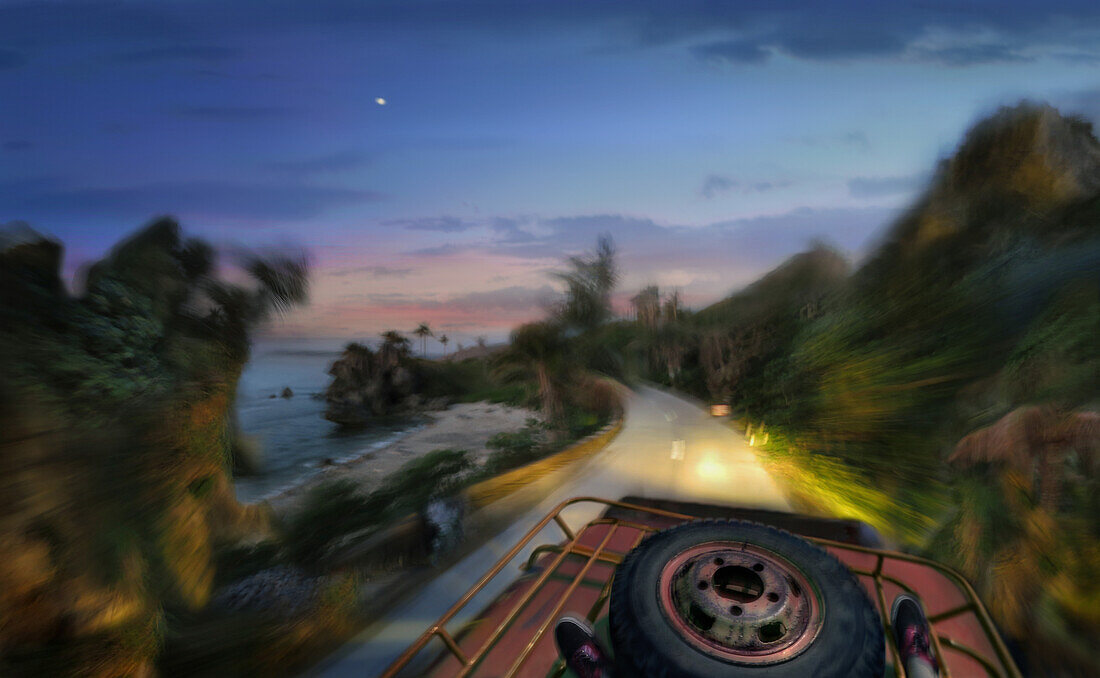 Landscape from a jeepney in motion, Batan Island, Batanes, Philippines, Asia