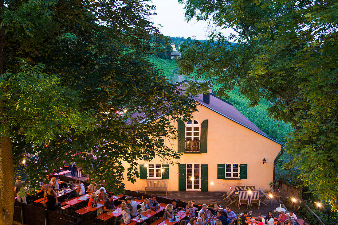 Menschen sitzen draußen beim Weinfest an der Peterstirn am Weingut Dahms in der Dämmerung, Schweinfurt, Franken, Bayern, Deutschland