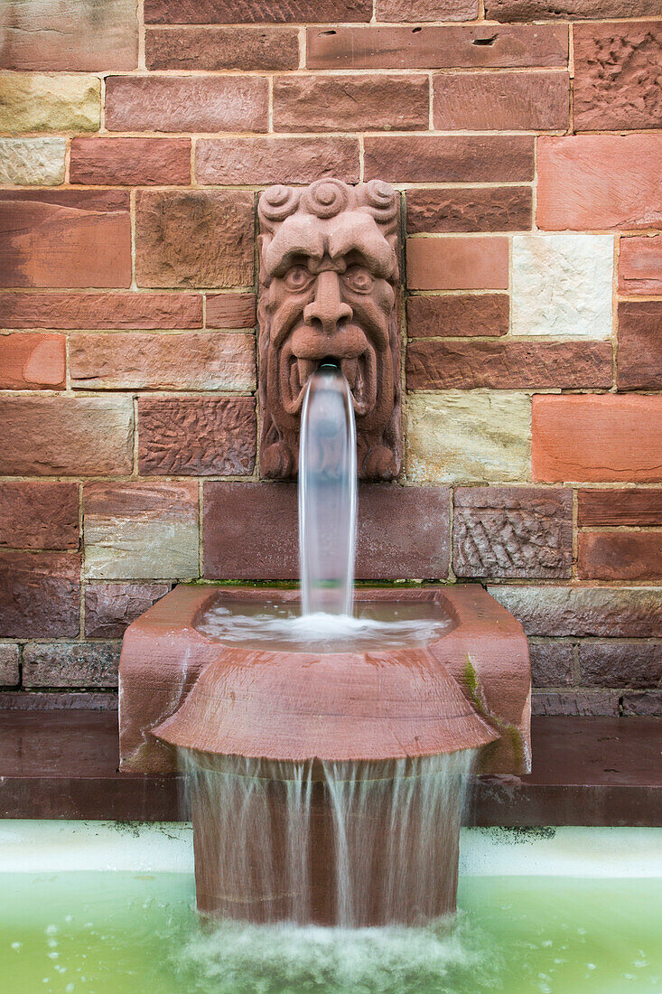 Springbrunnen mit Wasser aus Löwenmaul im Schlosspark von Schloss Johannisburg, Aschaffenburg, Franken, Bayern, Deutschland