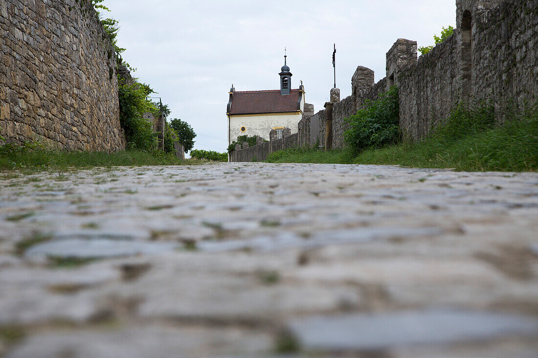Cobblestone pilgrimage path to Valentinuskapelle chapel on Kapellenberg, Frickenhausen, near Ochsenfurt, Franconia, Bavaria, Germany