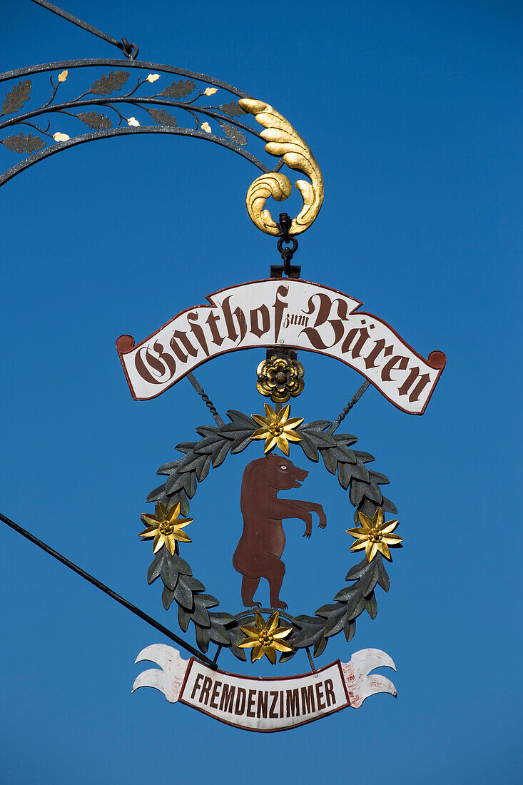 Sign of Gasthof zum Baeren guest house and restaurant, Frickenhausen, near Ochsenfurt, Franconia, Bavaria, Germany