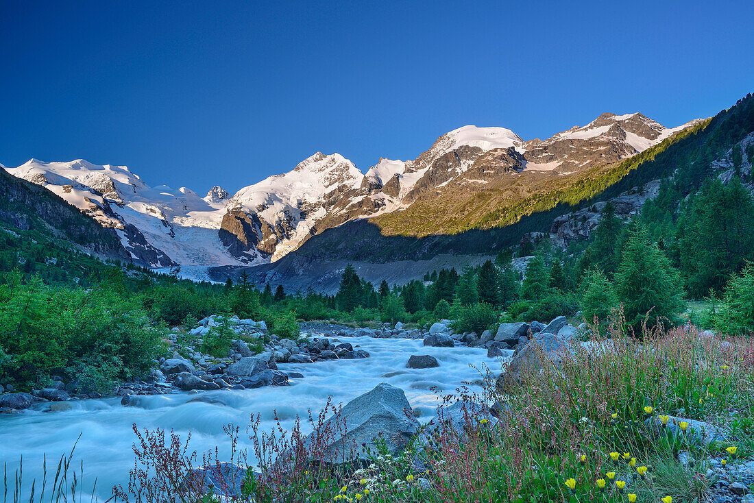 Bergbach mit Blick auf Berninagruppe, Morteratschtal, Morteratsch, Bernina, Oberengadin, Engadin, Graubünden, Schweiz