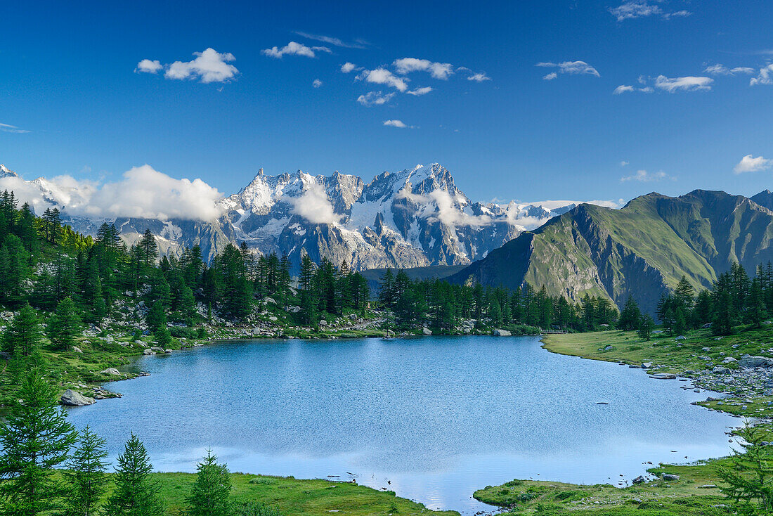 Blick vom Lac d'Arpy auf Montblanc-Gruppe mit Dent du Geant und Grandes Jorasses, Lac d'Arpy, Grajische Alpen, Aostatal, Aosta, Italien