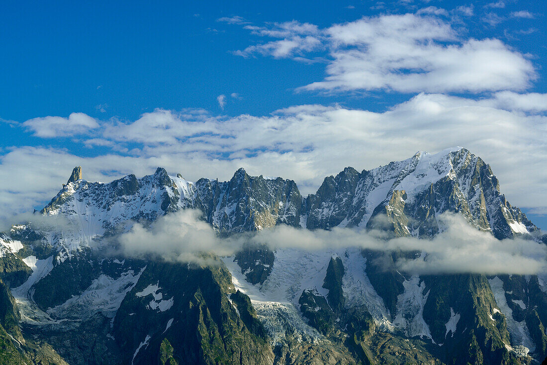 View to Montblanc range with Dent du Geant and Grandes Jorasses, Lac d'Arpy, Graian Alps range, valley of Aosta, Aosta, Italy