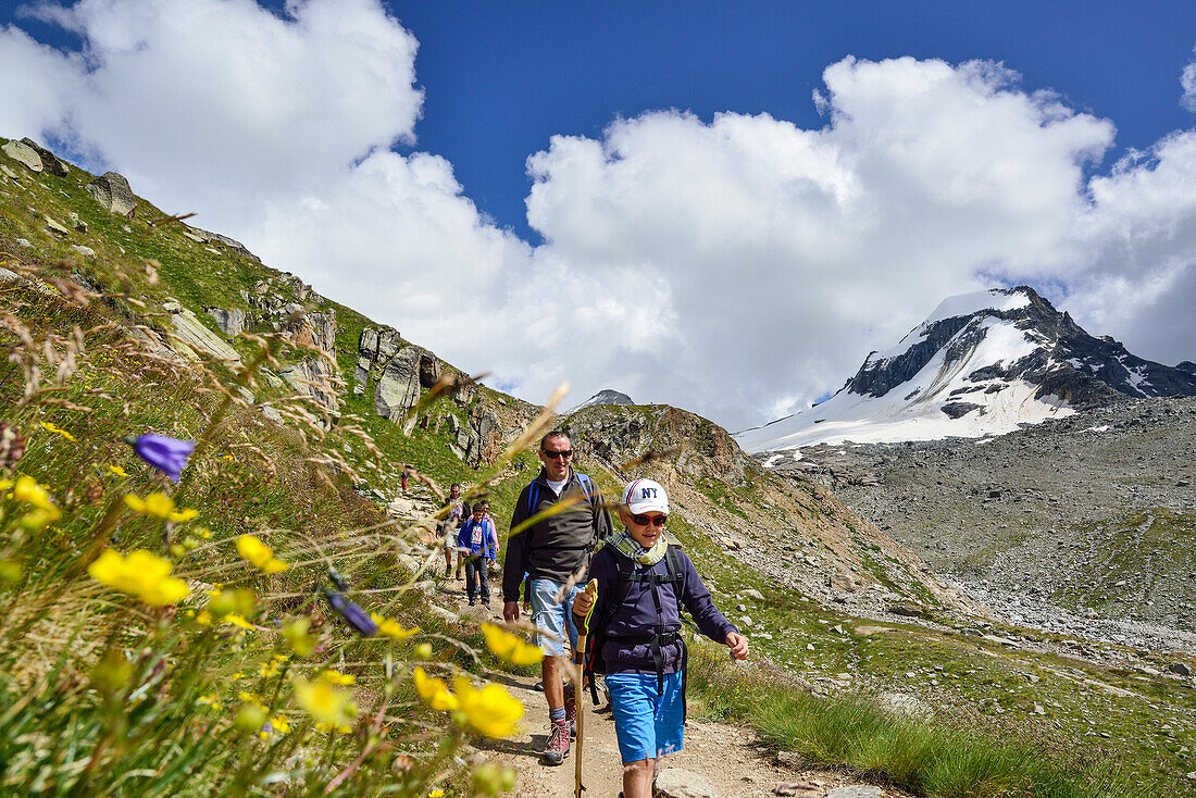 Mehrere Personen wandern vom Rifugio Vittorio Emanuele II ins Tal, La Tresenta im Hintergrund, Gran Paradiso, Nationalpark Gran Paradiso, Grajische Alpen, Aostatal, Aosta, Italien