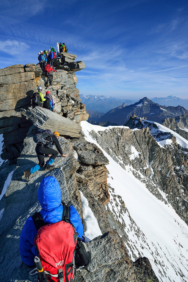 Mehrere Personen steigen am Grat zum Gran Paradiso auf, Gran Paradiso, Nationalpark Gran Paradiso, Grajische Alpen, Aostatal, Aosta, Italien
