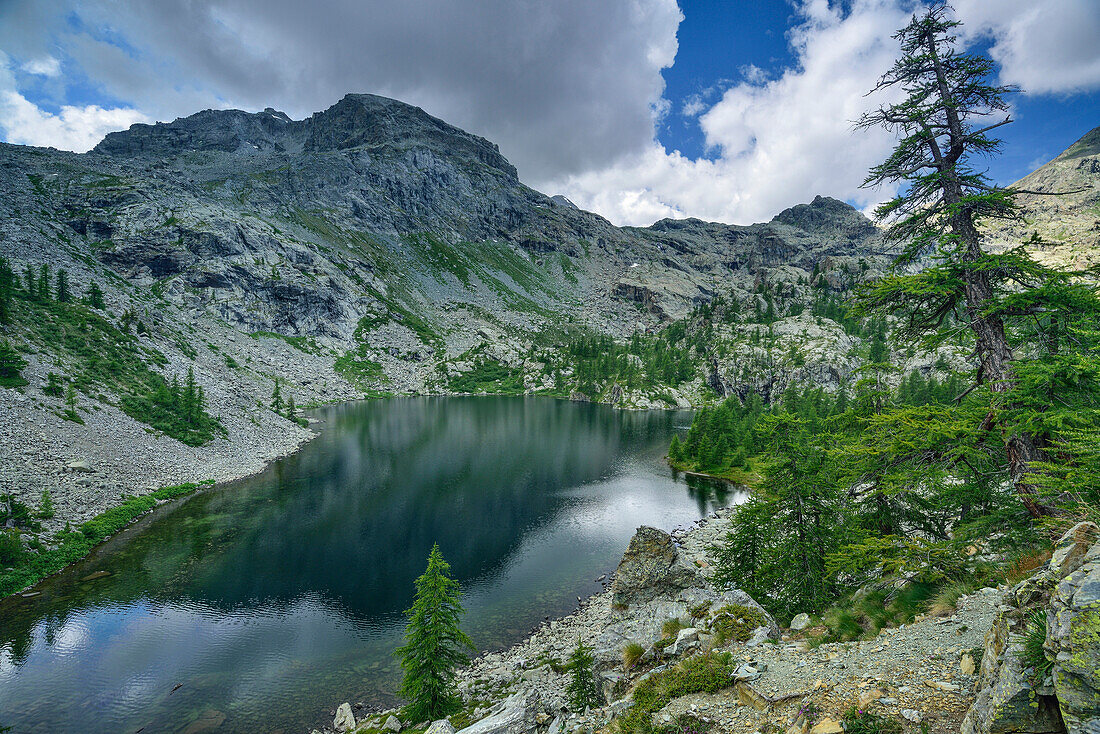 Lake Lago Cornato at hut Rifugio Barbustel, Natural Park Mont Avic, Graian Alps range, valley of Aosta, Aosta, Italy