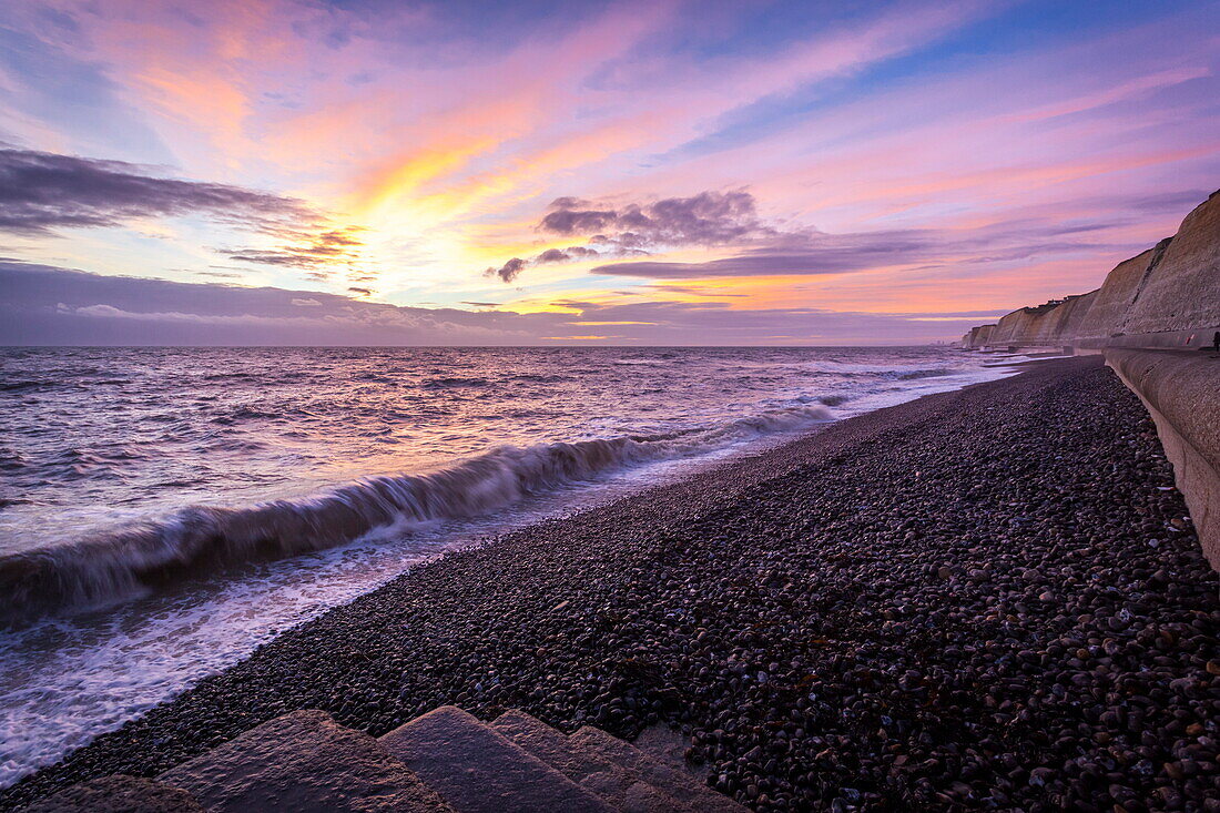 Pink sunset at the Telscombe Cliffs, Newhaven, East Sussex, England, United Kingdom, Europe