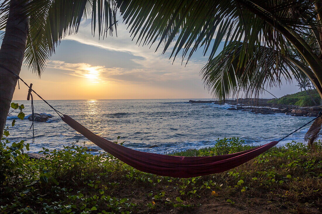 Silhoutte of an empty beach hammock at the beach, Tangalle, Sri Lanka, Asia