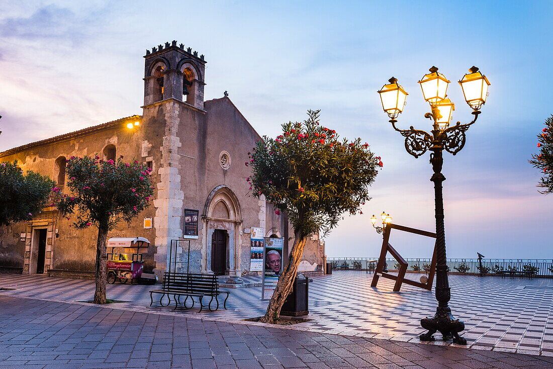 St. Augustine's Church in Piazza IX Aprile at night, Taormina, Sicily, Italy, Europe
