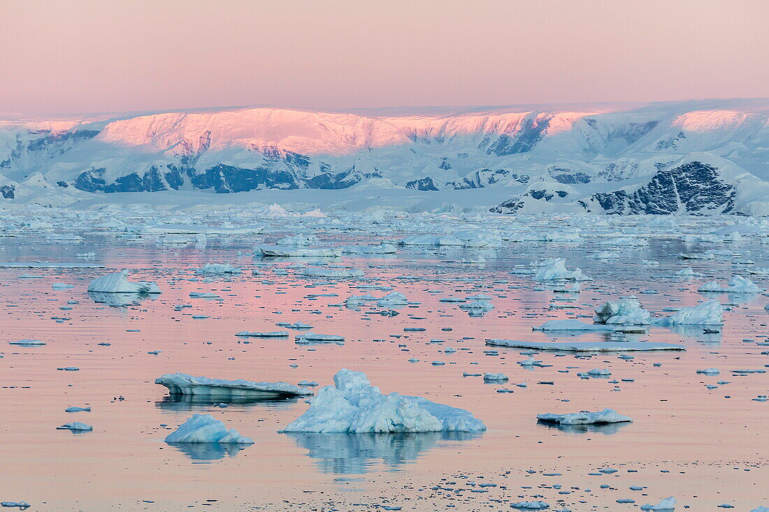 Sunset over icebergs in the Gerlache Strait, Antarctica, Southern Ocean, Polar Regions