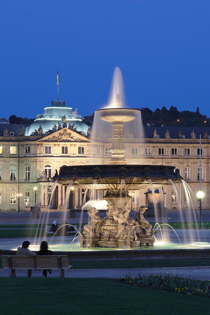 Neues Schloss castle and fountain at Schlossplatz Square, Stuttgart, Baden Wurttemberg, Germany, Europe