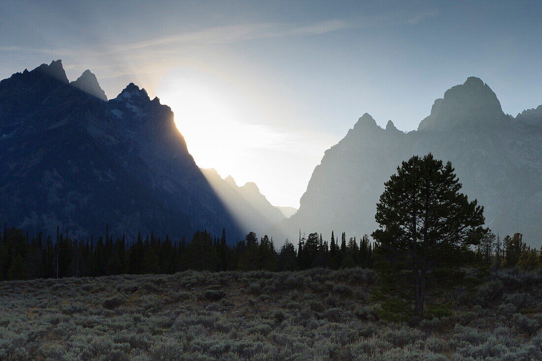 View down Cascade Canyon with backlit Teton Range, Grand Teton National Park, Wyoming, United States of America, North America