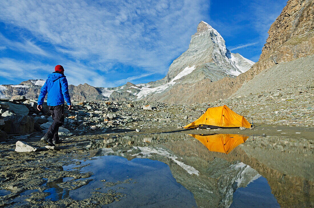 Camping at a lake near The Matterhorn, 4478m, Zermatt, Valais, Swiss Alps, Switzerland, Europe