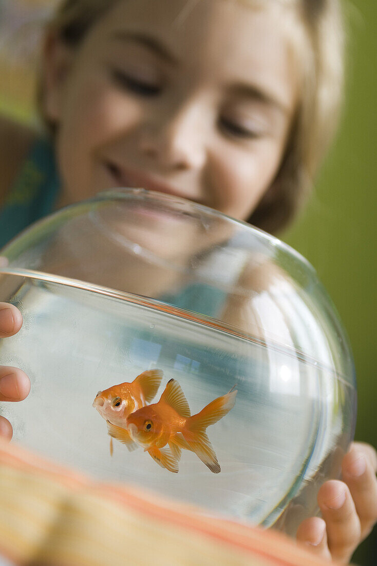 Girl watching goldfish swim in fishbowl