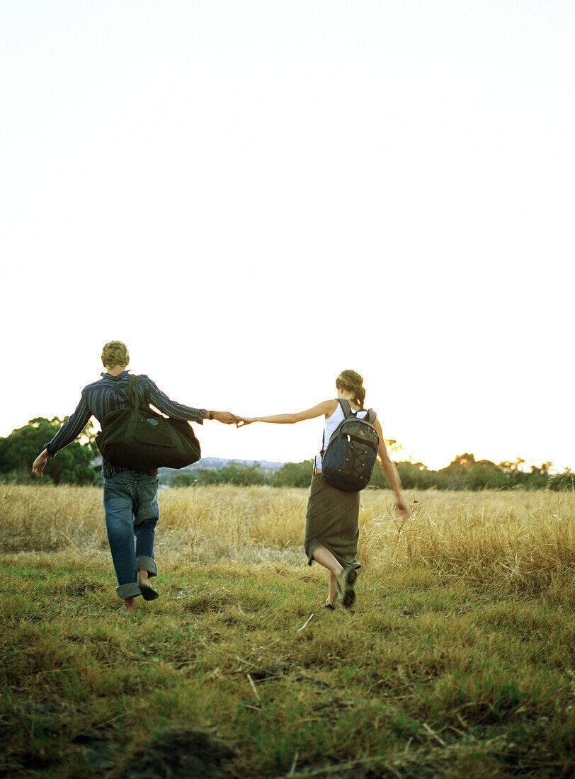 Couple holding hands in field, rear view