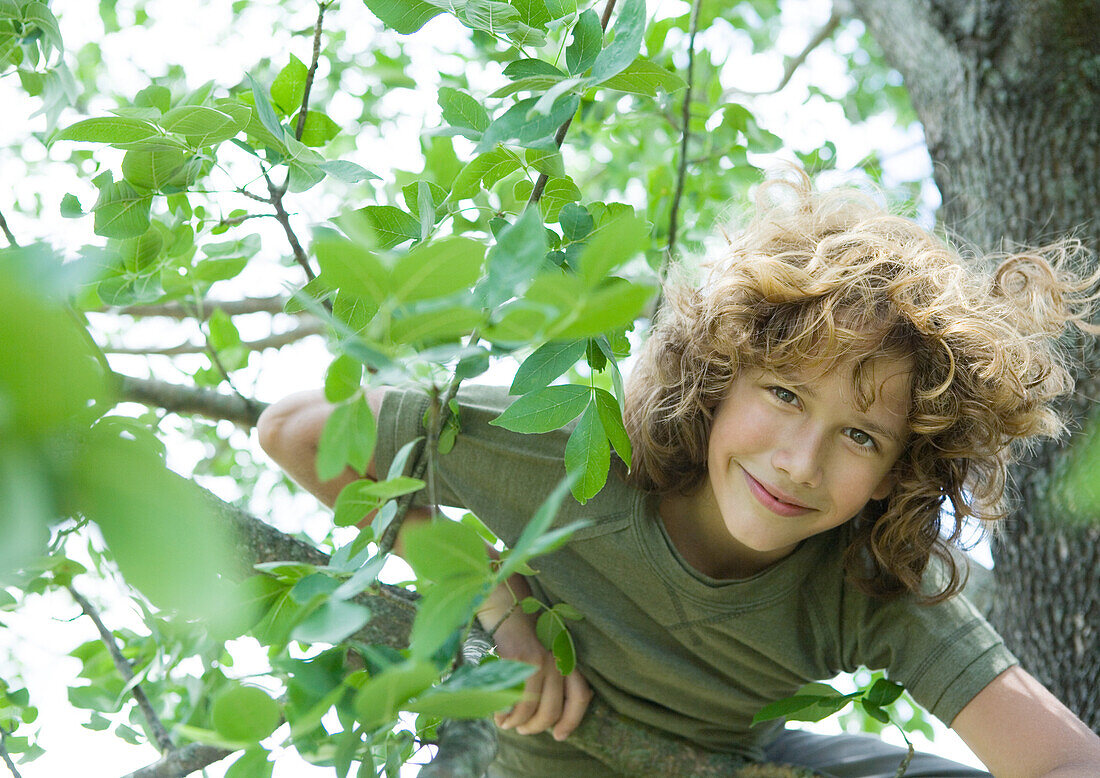 Boy in tree, smiling at camera