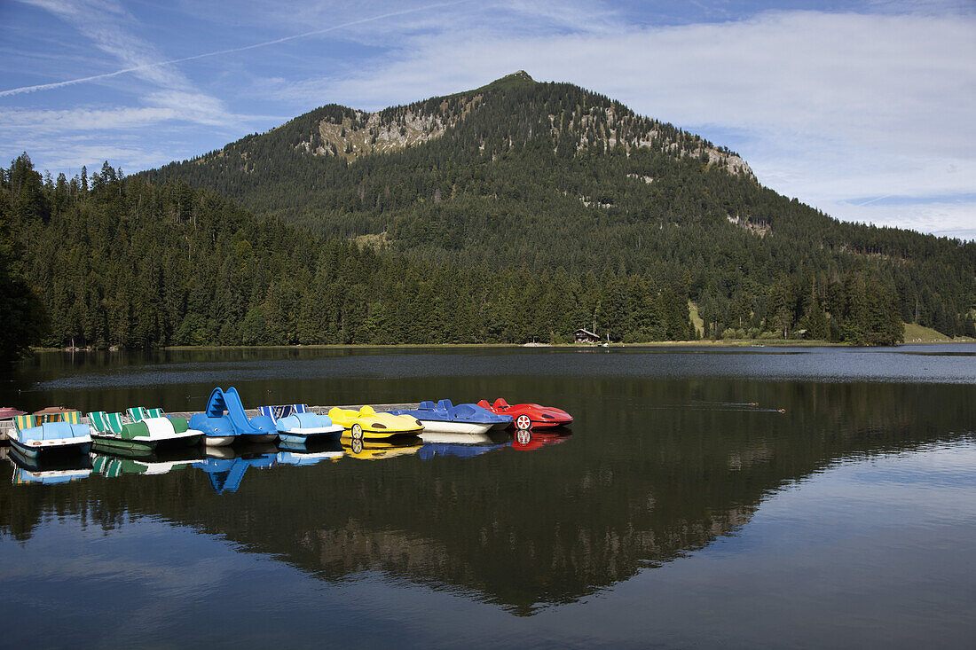 Pedal boats on a lake and a mountain in the background