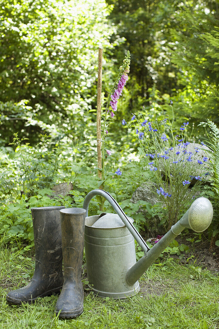 A watering can and a pair of rubber boots, outdoors