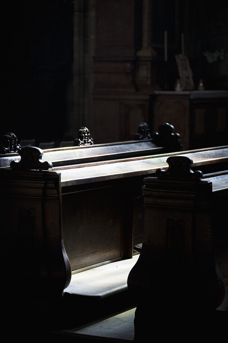 Pews in a church, close-up