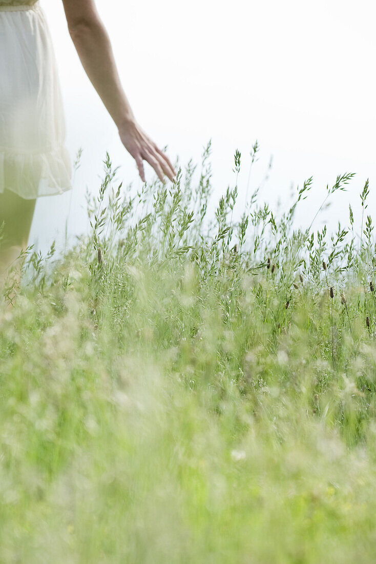 Young woman walking through tall grass, cropped