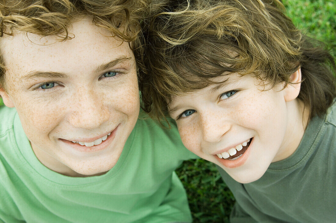 Two boys, portrait, high angle view