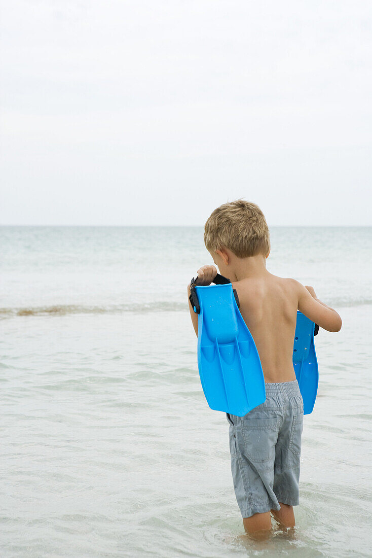 Young boy standing knee deep in water, carrying flippers, rear view