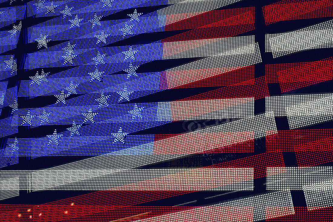 Screen showing American flag in double exposure