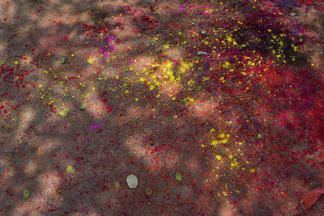 High angle view of Holi colors spread on street