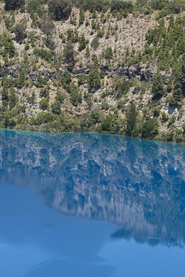 Reflection of trees and rock in blue water