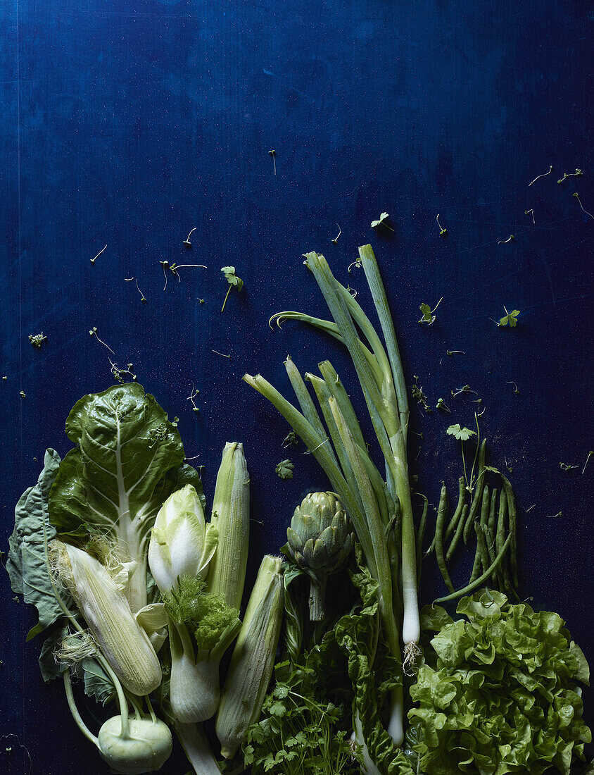 Directly above shot of green vegetables on blue table