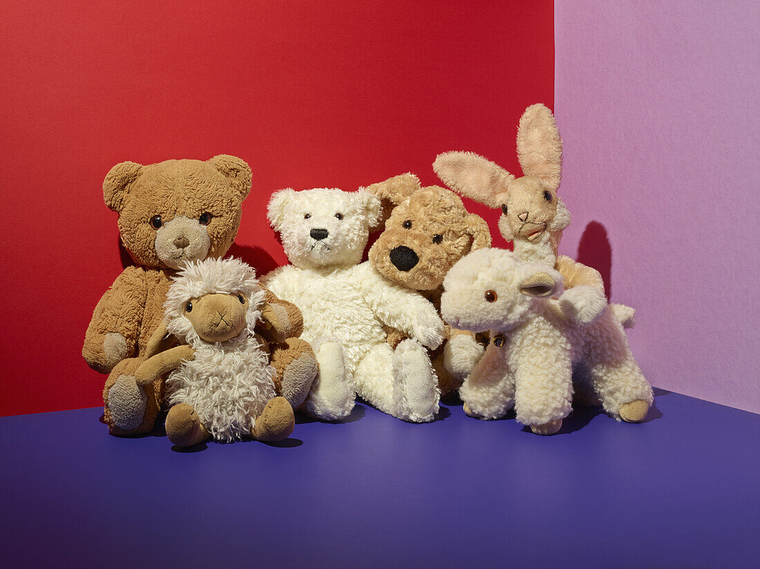 Various stuffed toys on floor in colorful room