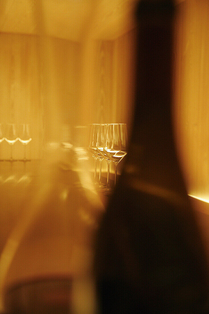 Detail of bottles and wine glasses