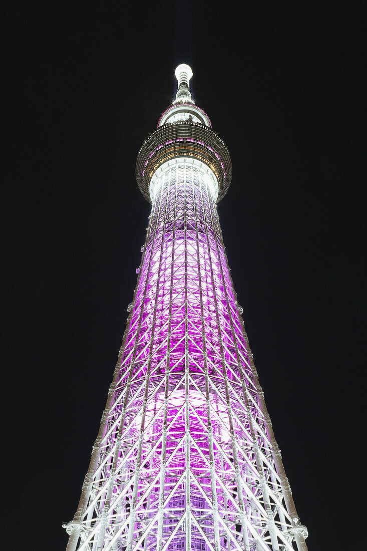 Low angle view of illuminated Tokyo Skytree at night