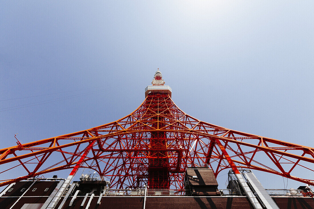 Low angle view of Tokyo Tower against clear sky