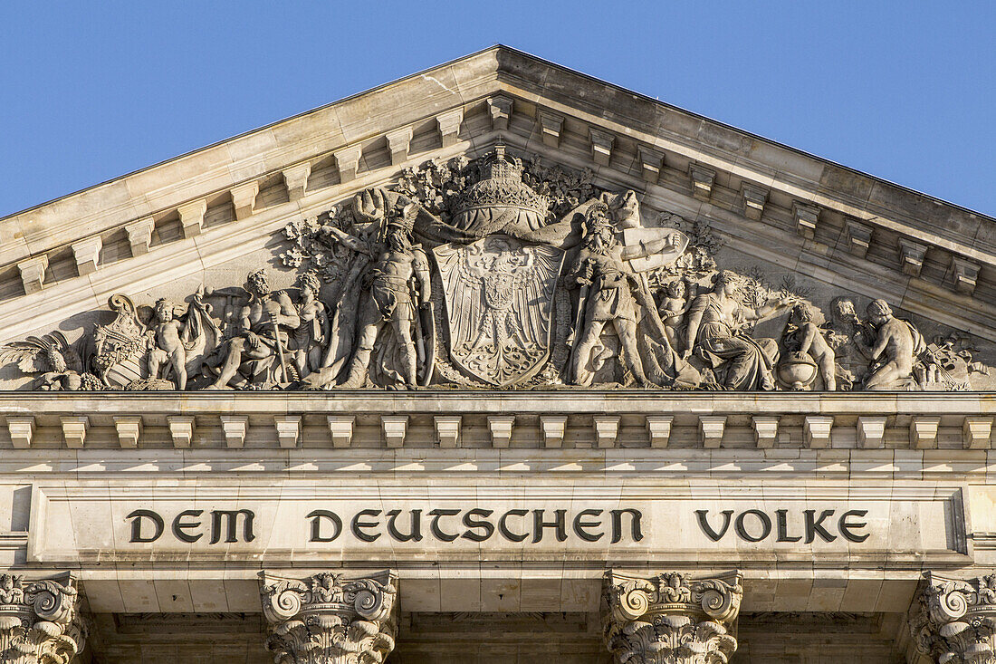 High section of parliament building against clear sky, Berlin, Germany