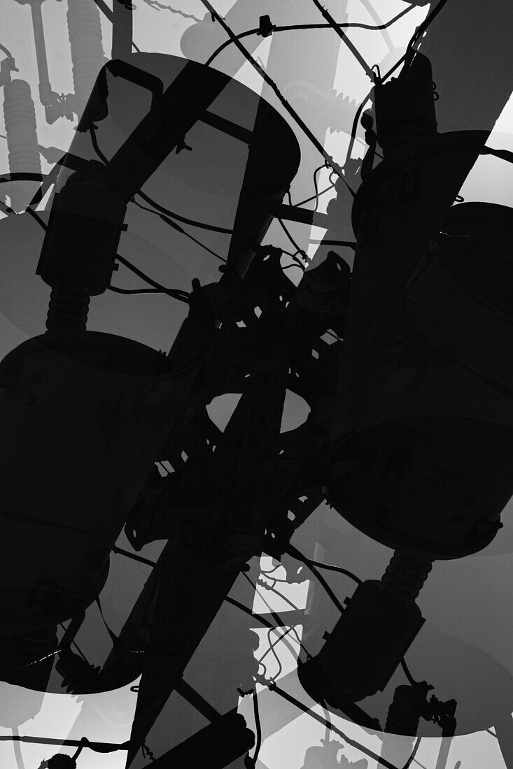 Electricity pylon components and cables in double exposure