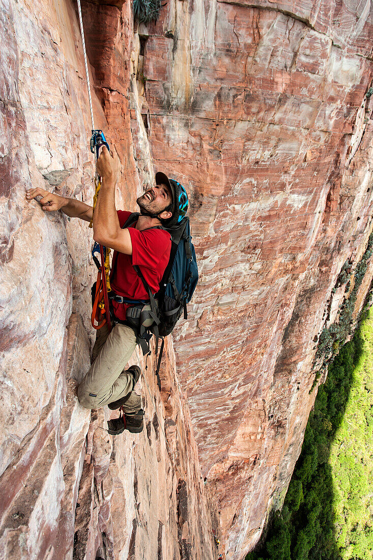 Climber ascending on a fixed rope, Acopan Tepui, Macizo de Chimanta, Venezuela