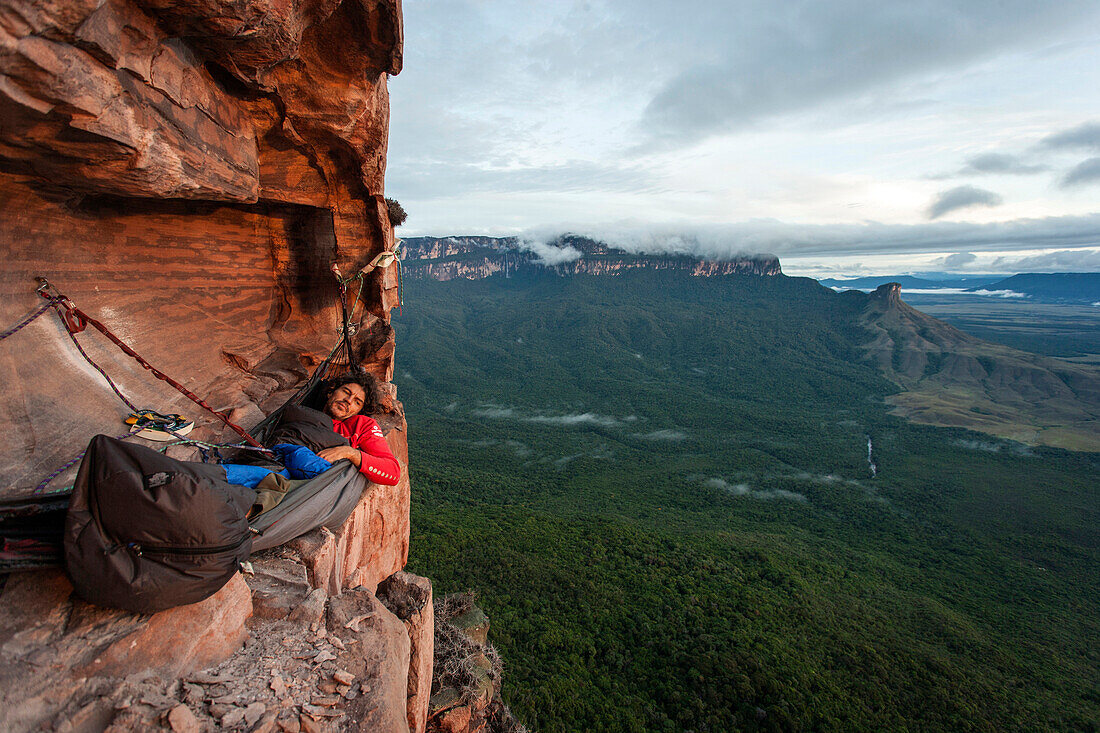 Climber Holger Heuber in a Biwak, Acopan Tepui, Macizo de Chimanta, Venezuela