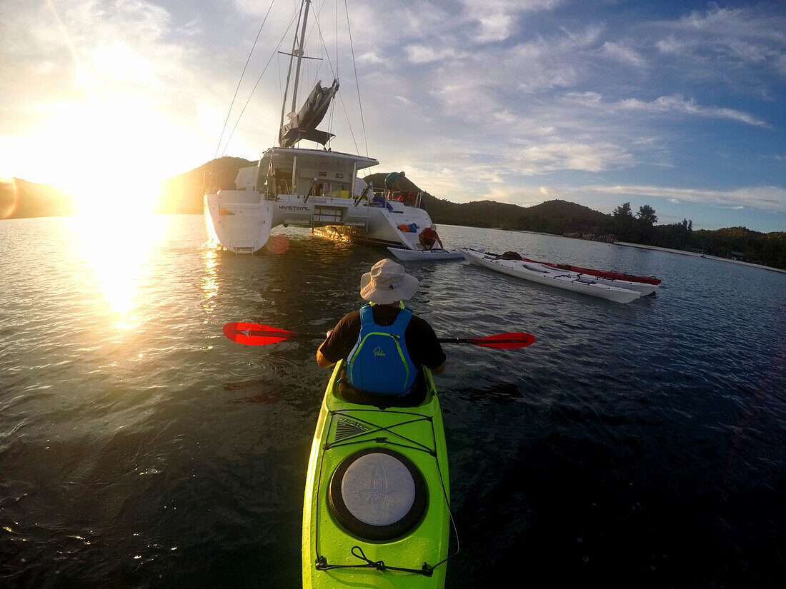 Sea kayak tour with catamarans as basecamp on the Seychelles, Indian Ocean