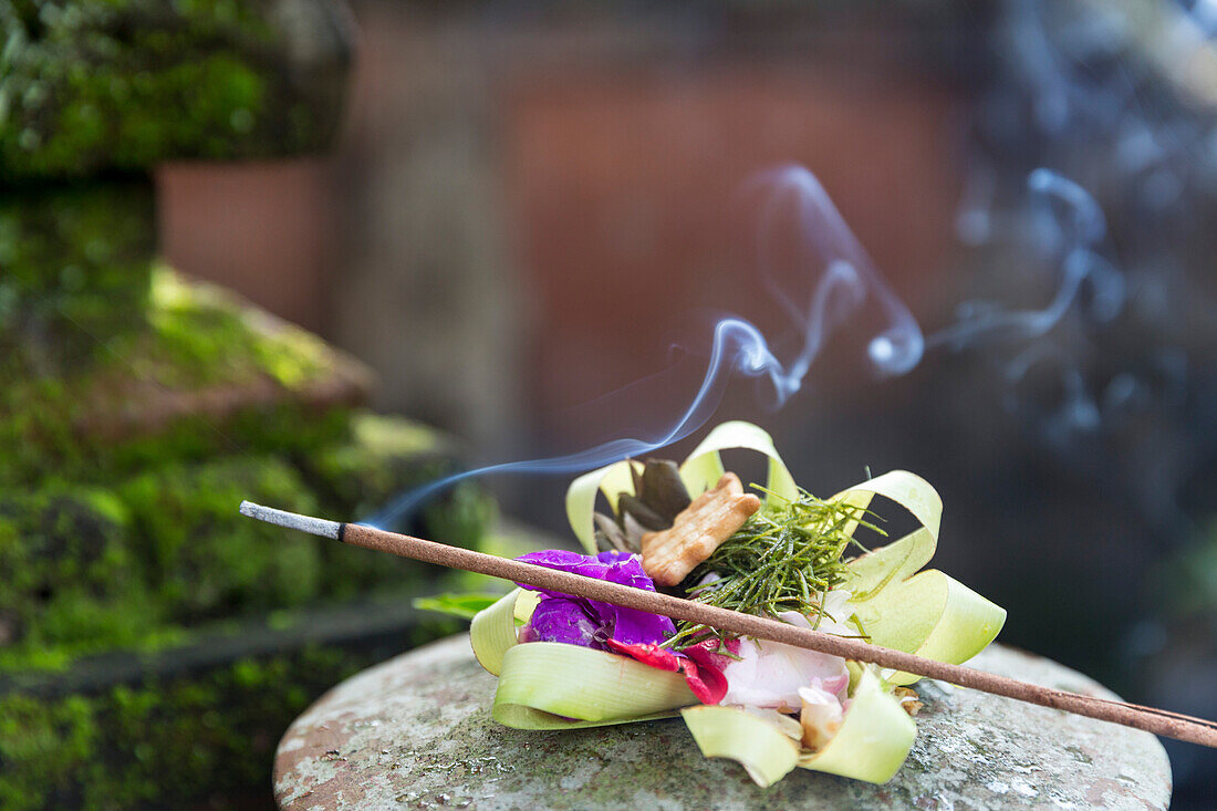 Offering with joss stick, home temple, Ubud, Gianyar, Bali, Indonesia