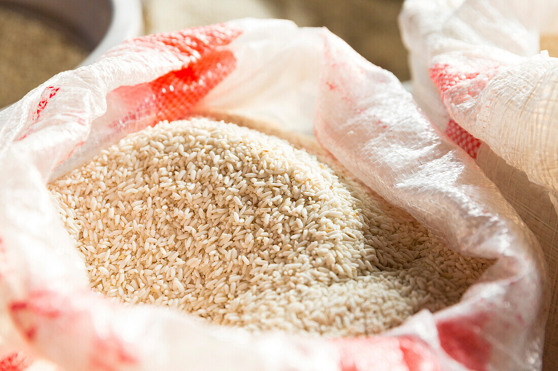 Bag of rice on a market, Sidemen, Bali, Indonesia