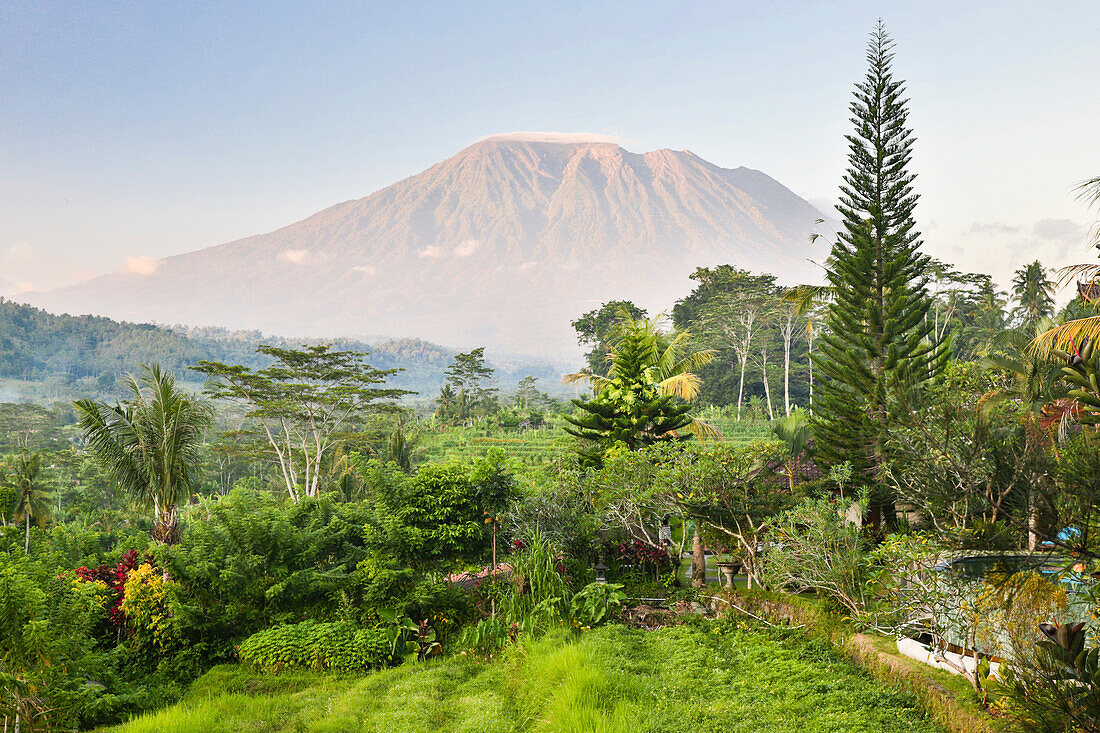 Tropical scenery with view to Gunung Agung, near Sidemen, Bali, Indonesia