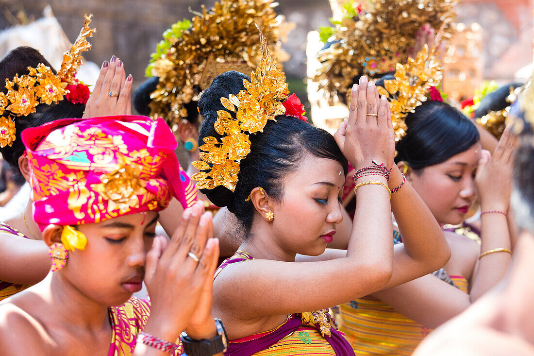 Balinese people praying, Odalan temple festival, Sidemen, Karangasem, Bali, Indonesia