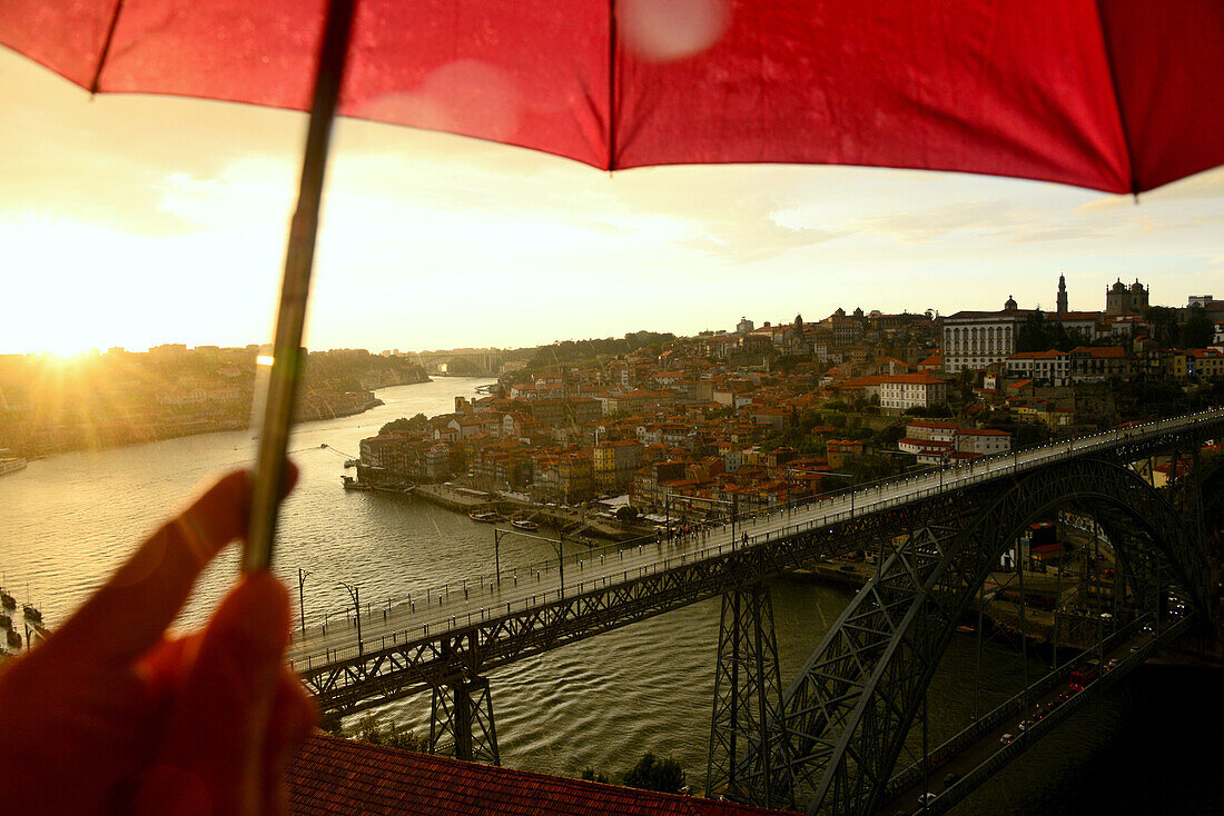 In rain at the Ponte Luis over Rio Douro, Porto, Portugal